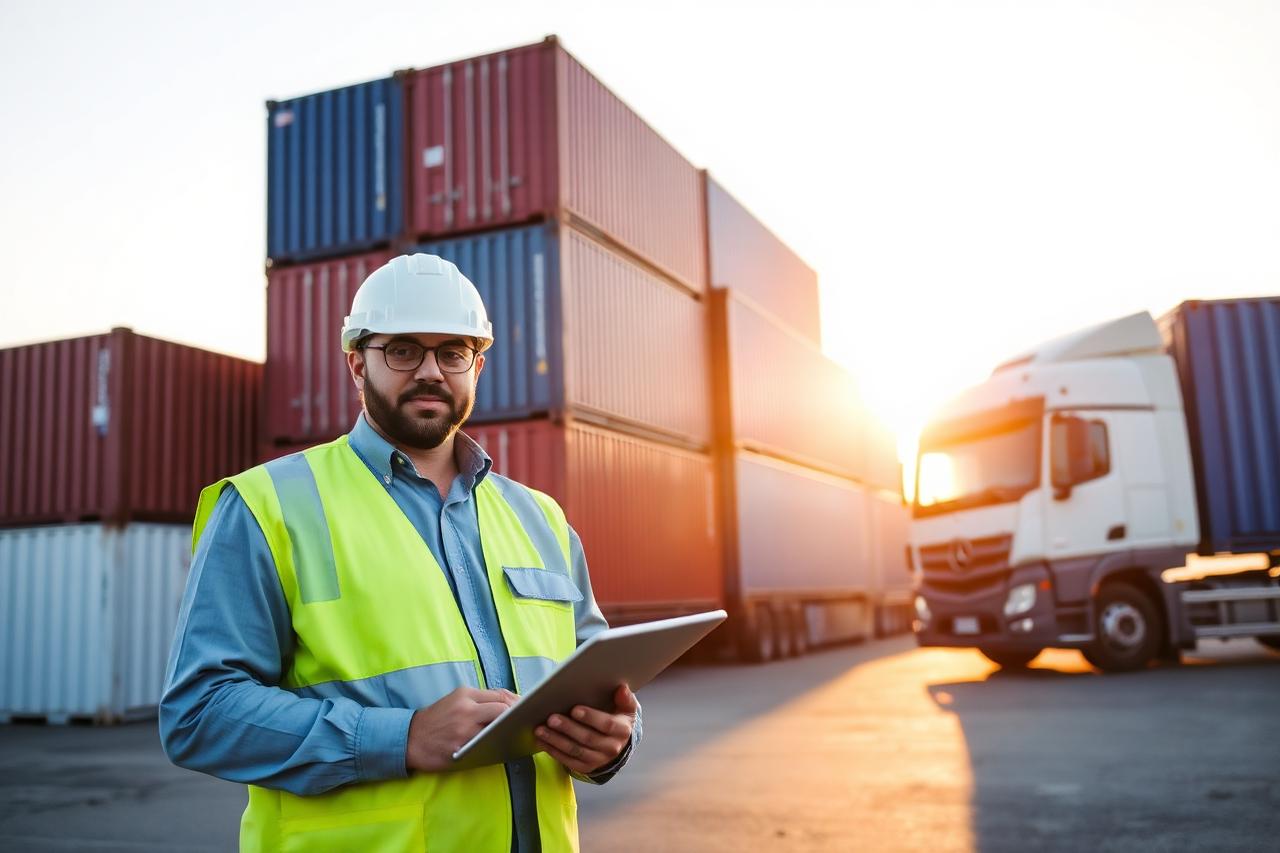 Coordinator in front of shipping containers